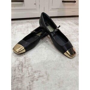 Dolce Vita Reyes Black Leather Gold Cap Toe Mary Jane Ballet Flats Size 10